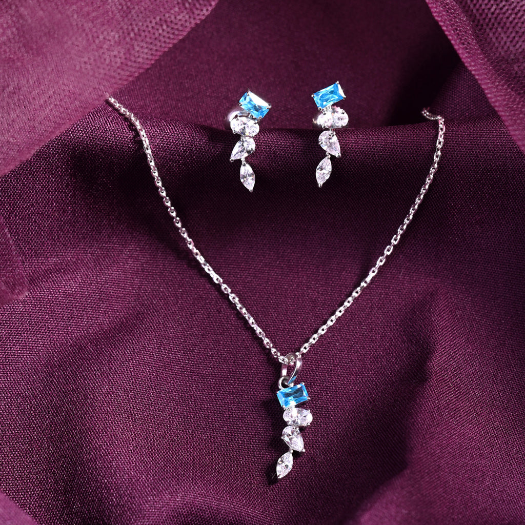 CLARA 925 Sterling Silver diamente Pendant Earring Chain Jewellery Set