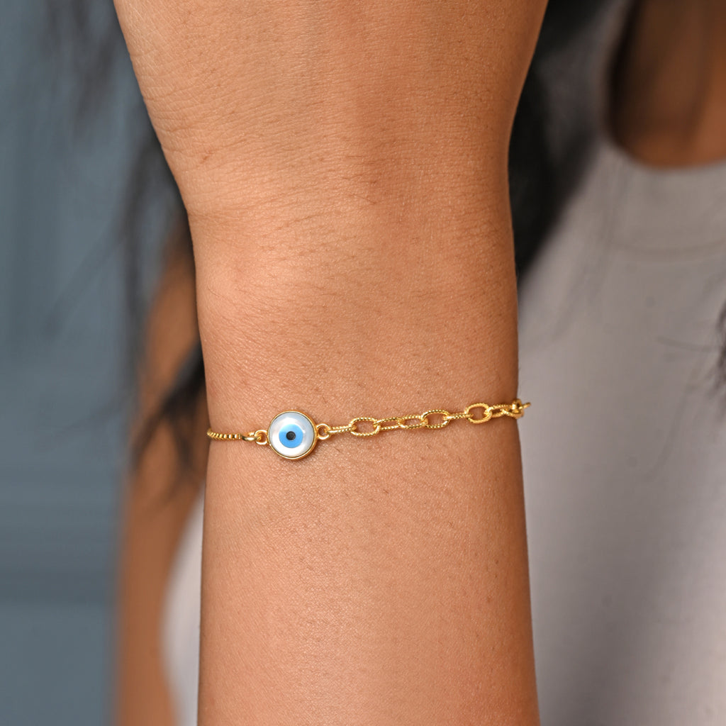 CLARA 925 Pure Silver Golden Evil Eye Hand Bracelet