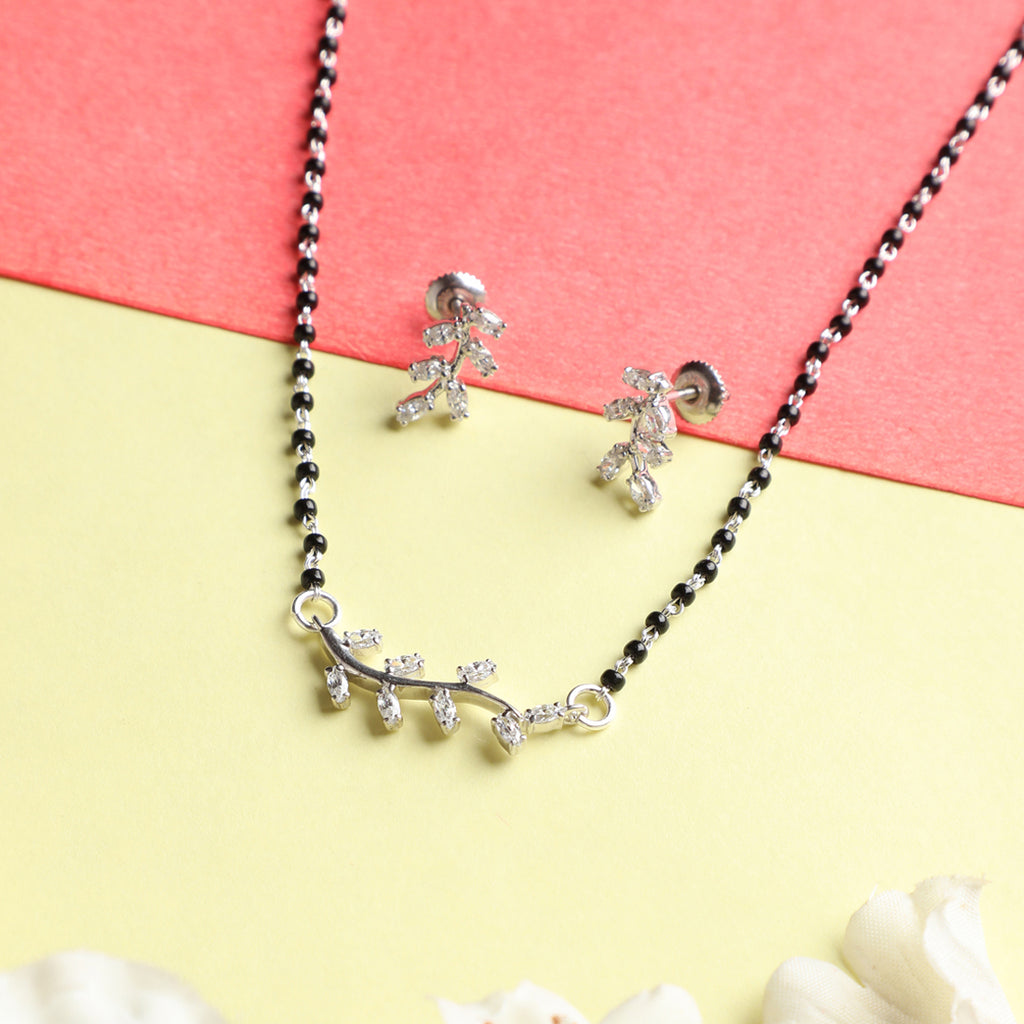CLARA 925 Sterling Silver Leaf Mangalsutra Tanmaniya Pendant Earring Jewellery Set with Chain Gift for Women and Girls