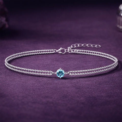 Silver Sky Blue Solitaire Double Chain Bracelet