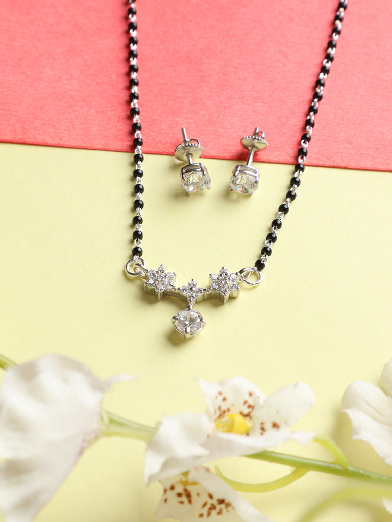 CLARA 925 Sterling Silver Lily Mangalsutra Tanmaniya Pendant Earring Jewellery Set with Chain Gift for Women and Girls