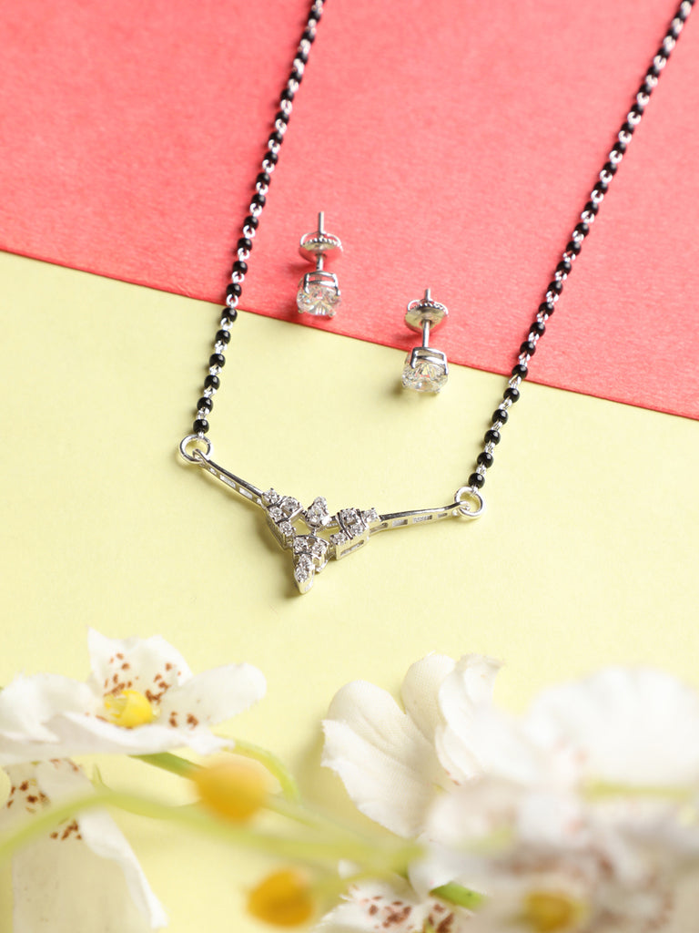 CLARA 925 Sterling Silver Alice Mangalsutra Tanmaniya Pendant Earring Jewellery Set with Chain Gift for Women and Girls