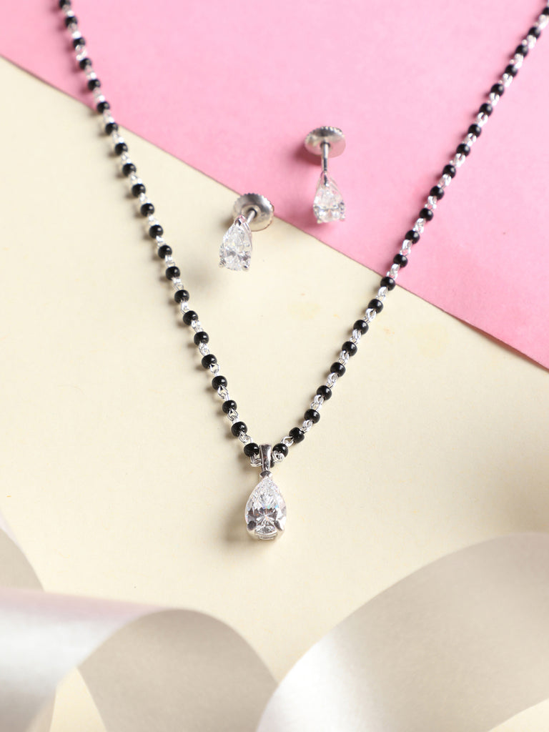CLARA 925 Sterling Silver Pear Mangalsutra Tanmaniya Pendant Earring Jewellery Set with Chain Gift for Women and Girls