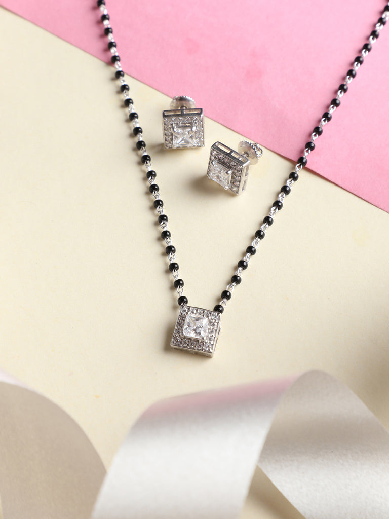 CLARA 925 Sterling Silver Princess Mangalsutra Tanmaniya Pendant Earring Jewellery Set with Chain Gift for Women and Girls
