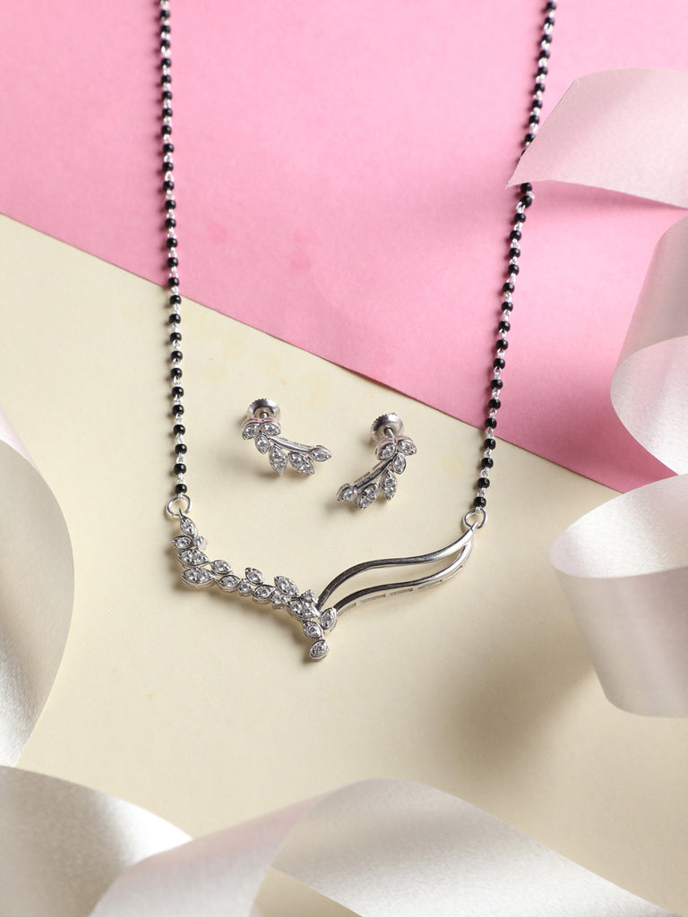 CLARA 925 Sterling Silver Freya Mangalsutra Tanmaniya Pendant Earring Jewellery Set with Chain Gift for Women and Girls