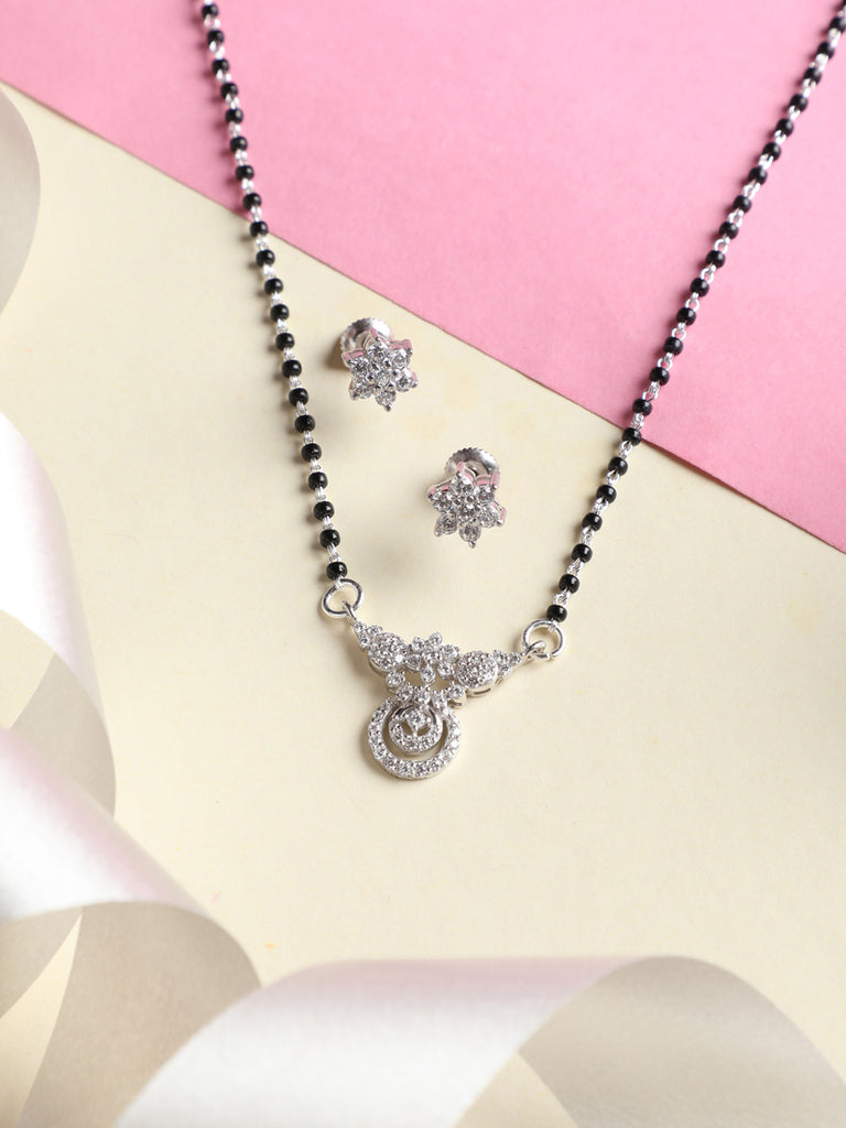CLARA 925 Sterling Silver Aria Mangalsutra Tanmaniya Pendant Earring Jewellery Set with Chain Gift for Women and Girls