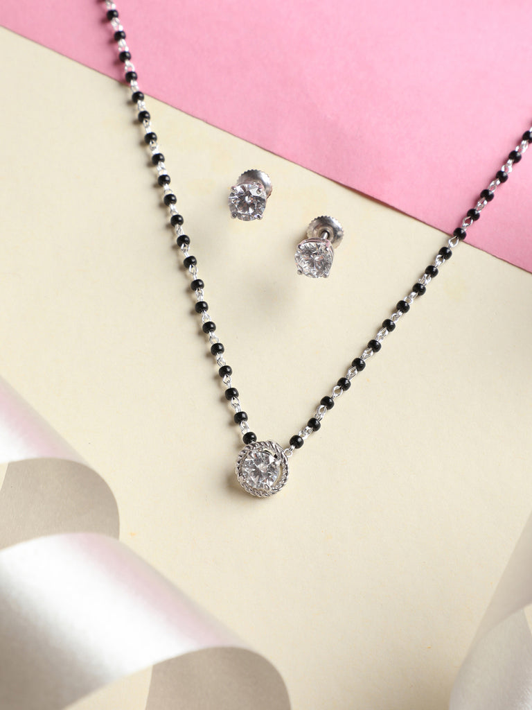 CLARA 925 Sterling Silver Rope Mangalsutra Tanmaniya Pendant Earring Jewellery Set with Chain Gift for Women and Girls