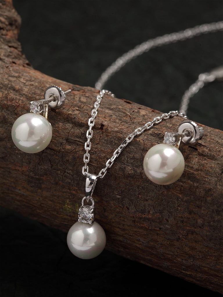 Clara 92.5 Sterling Silver Classic Pearl Pendant Earrings Set with Chain Jewellery Set Gift for Women and Girls