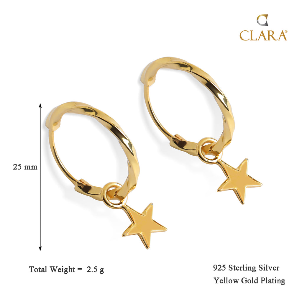 CLARA 925 Sterling Silver Star Hoop Drop Earring Gold Plated Gift for Women & Girls
