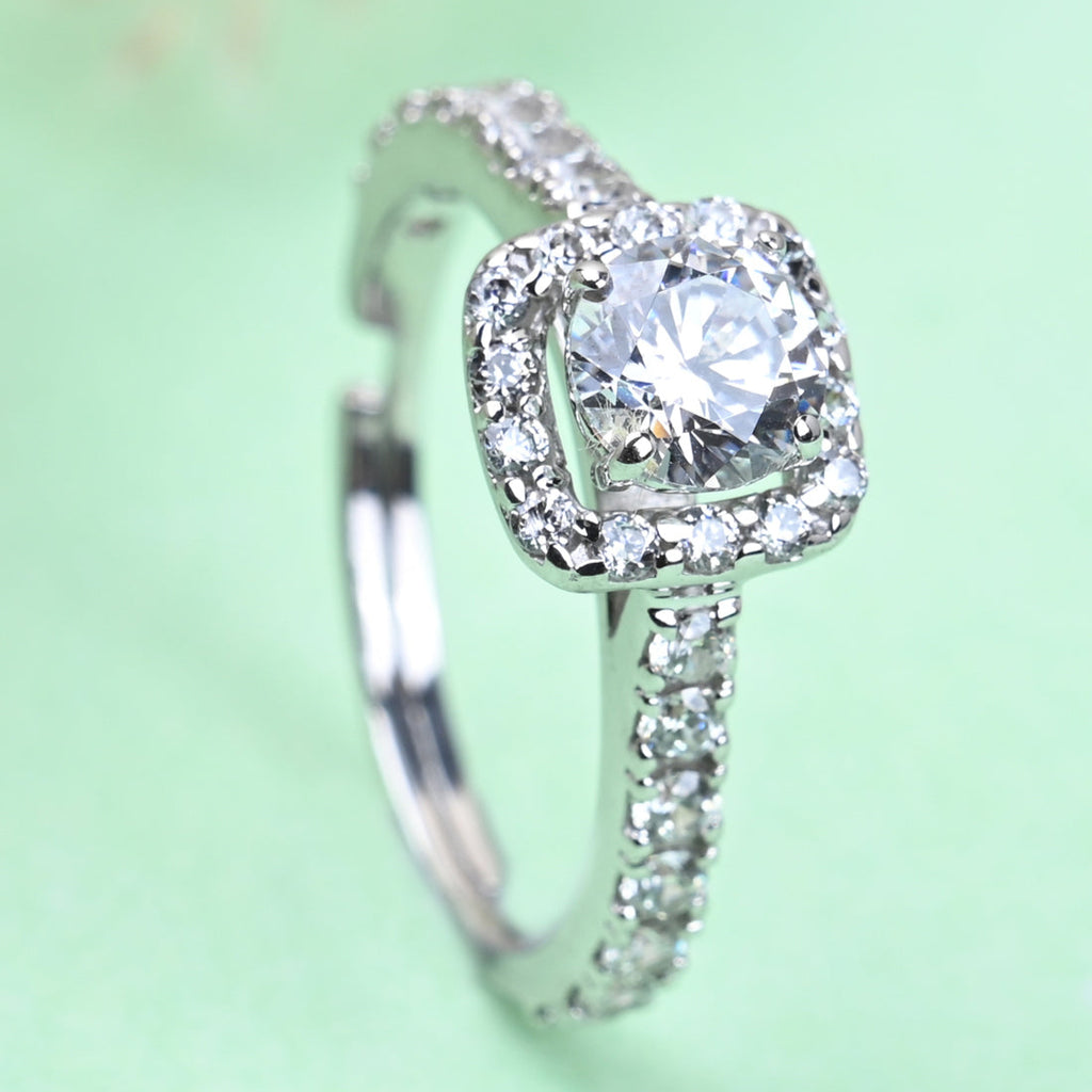 CLARA Pure 925 Sterling Silver Halo Solitaire Finger Ring with Adjustable Band