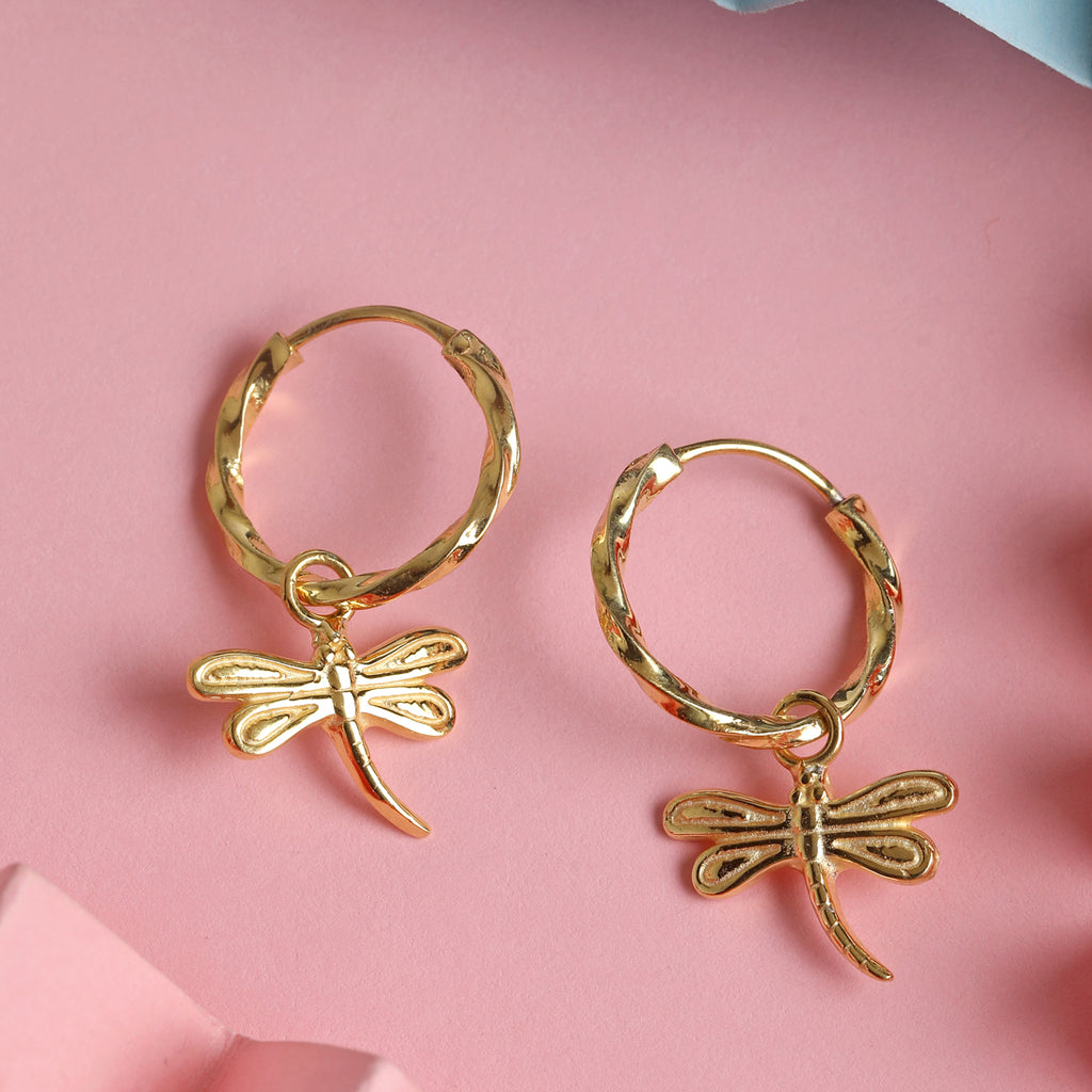 CLARA 925 Sterling Silver Butterfly Hoop Drop Earring Gold Plated Gift for Women & Girls