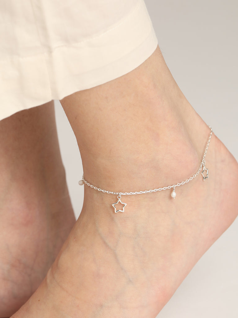 CLARA 925 Sterling Silver Star & Pearl Anklet Payal ( Single ) Adjustable Chain Gift for Women and Girls