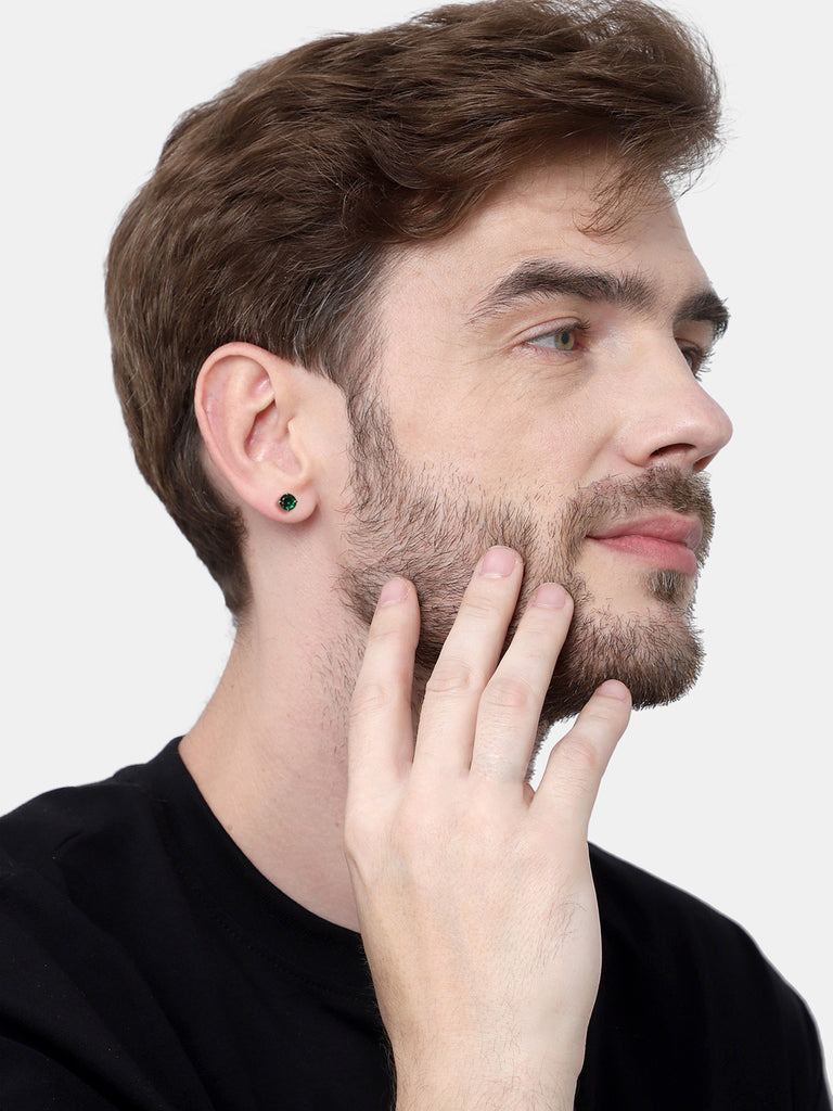 CLARA 925 Sterling Silver Men Green Stud Men Earring Gift for Men & Boys 1 Piece
