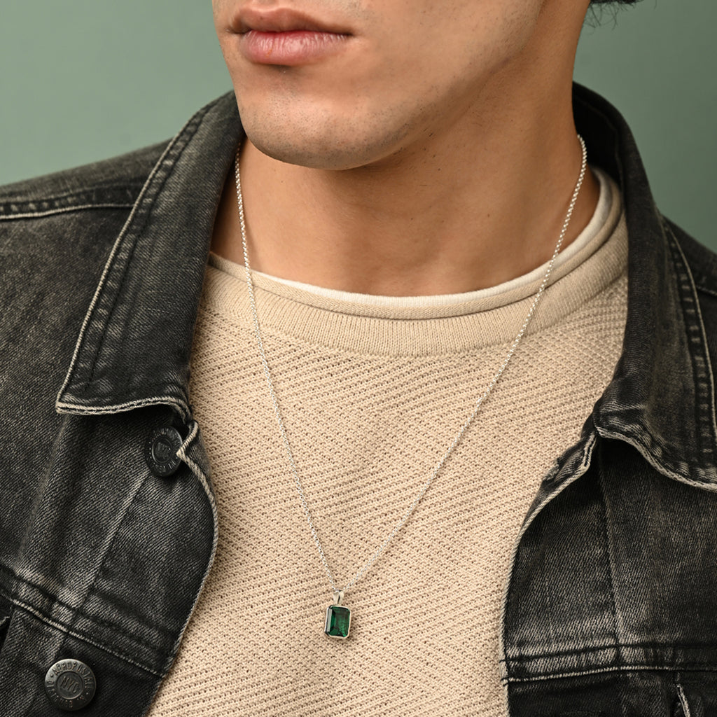 Silver Green Solitaire Men Pendant Necklace with Chain or without Chain