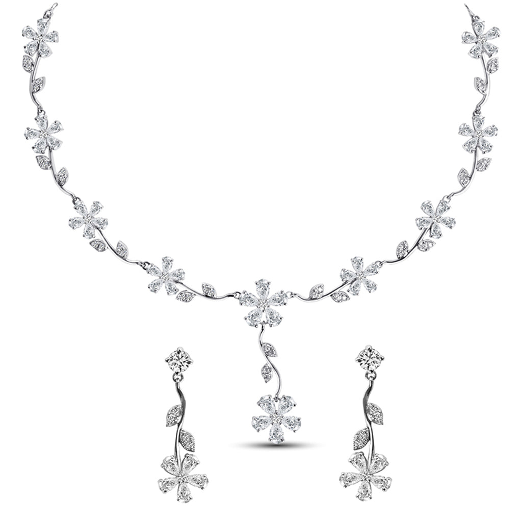 Silver Flower Necklace Jewellery Set