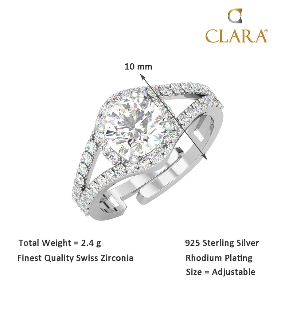 CLARA Pure 925 Sterling Silver Engagement Solitaire Finger Ring with Adjustable Band