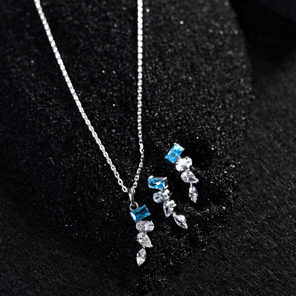 CLARA 925 Sterling Silver diamente Pendant Earring Chain Jewellery Set