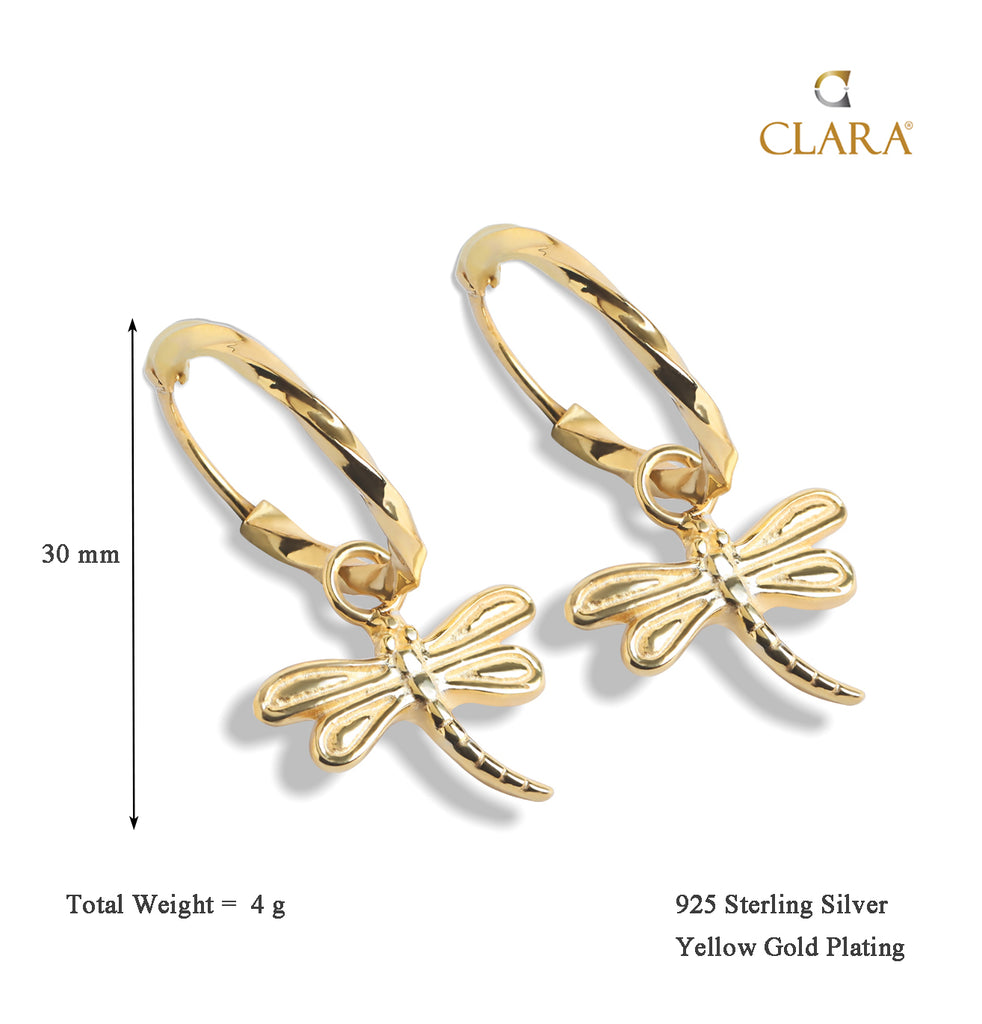 CLARA 925 Sterling Silver Butterfly Hoop Drop Earring Gold Plated Gift for Women & Girls