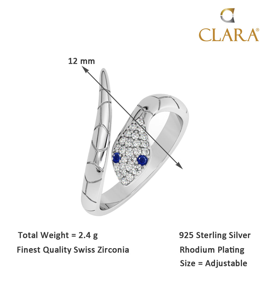 CLARA Pure 925 Sterling Silver Snake Finger Ring with Adjustable Band