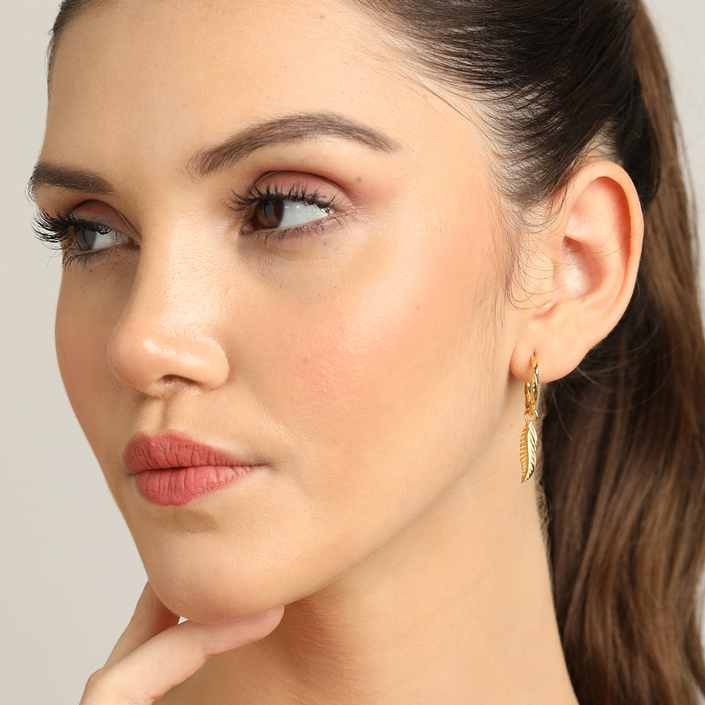 CLARA 925 Sterling Silver Leaf Hoop Drop Earring Gold Plated Gift for Women & Girls