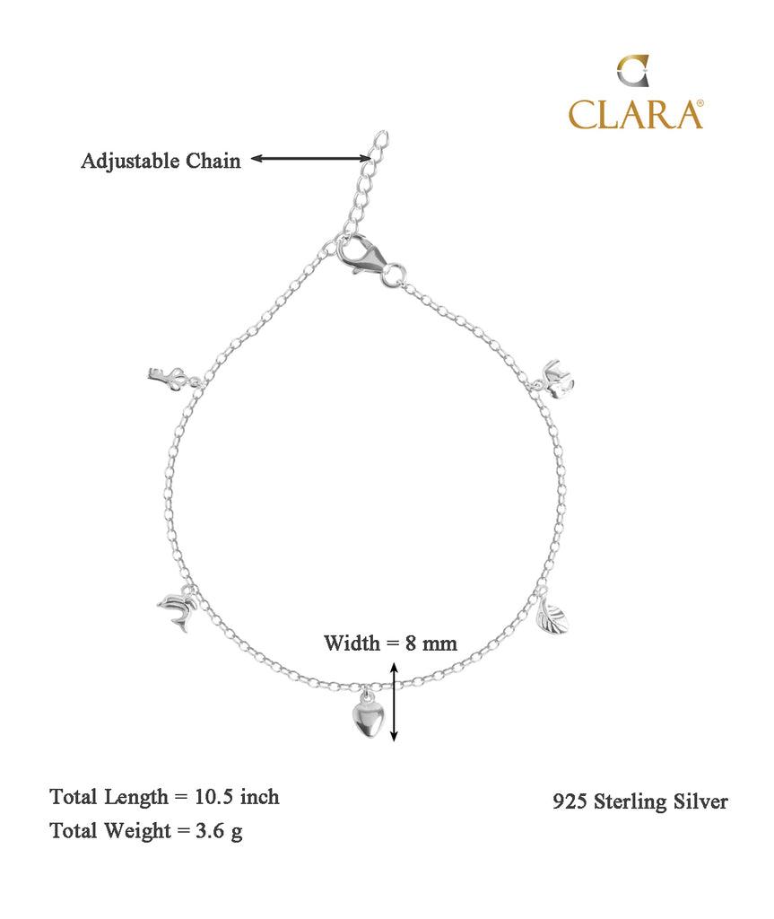 CLARA 925 Sterling Silver Charm Anklet Payal ( Single ) Adjustable Chain Gift for Women and Girls