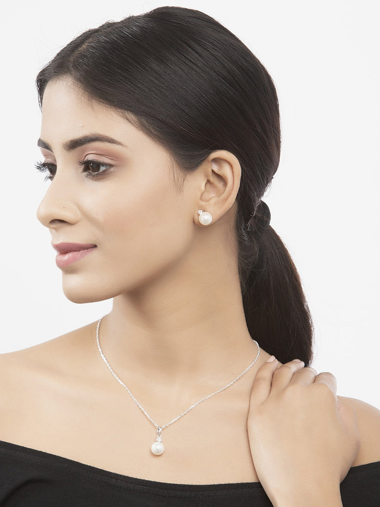 Clara 92.5 Sterling Silver Classic Pearl Pendant Earrings Set with Chain Jewellery Set Gift for Women and Girls
