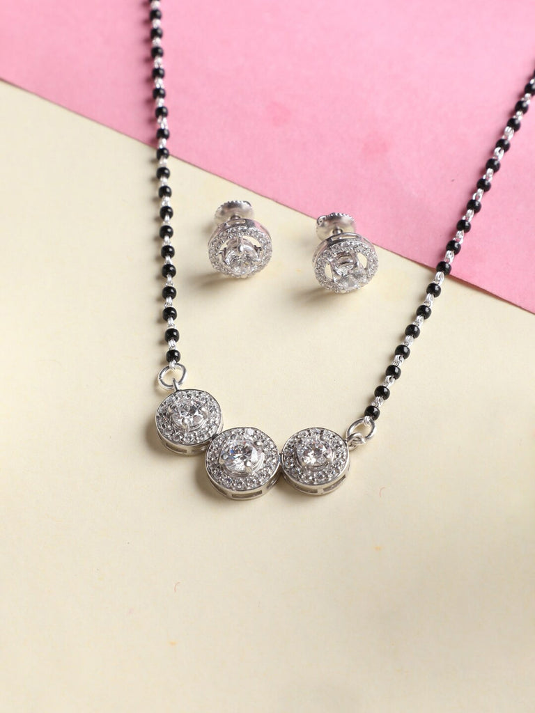 CLARA 925 Sterling Silver Poppy Mangalsutra Tanmaniya Pendant Earring Jewellery Set with Chain Gift for Women and Girls