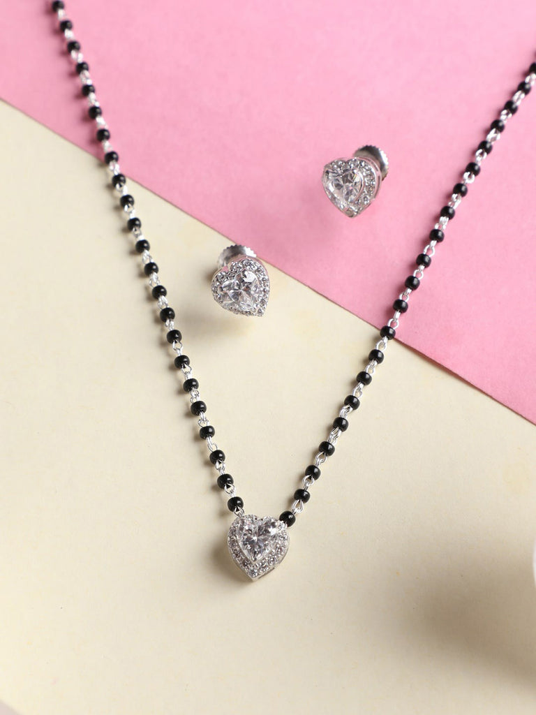 CLARA 925 Sterling Silver Valentine Mangalsutra Tanmaniya Pendant Earring Jewellery Set with Chain Gift for Women and Girls