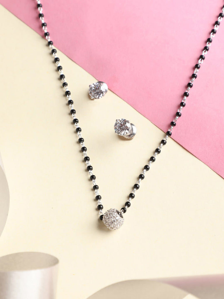 CLARA 925 Sterling Silver Ball Mangalsutra Tanmaniya Pendant Earring Jewellery Set with Chain Gift for Women and Girls