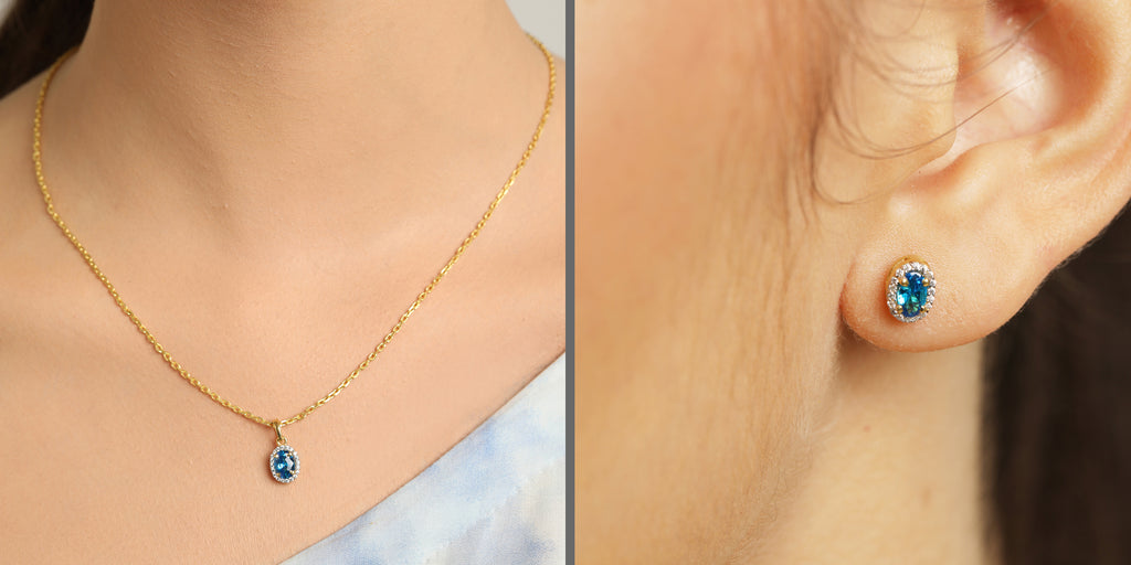 CLARA 925 Sterling Silver Blue Pendant Earring Chain Jewellery Set