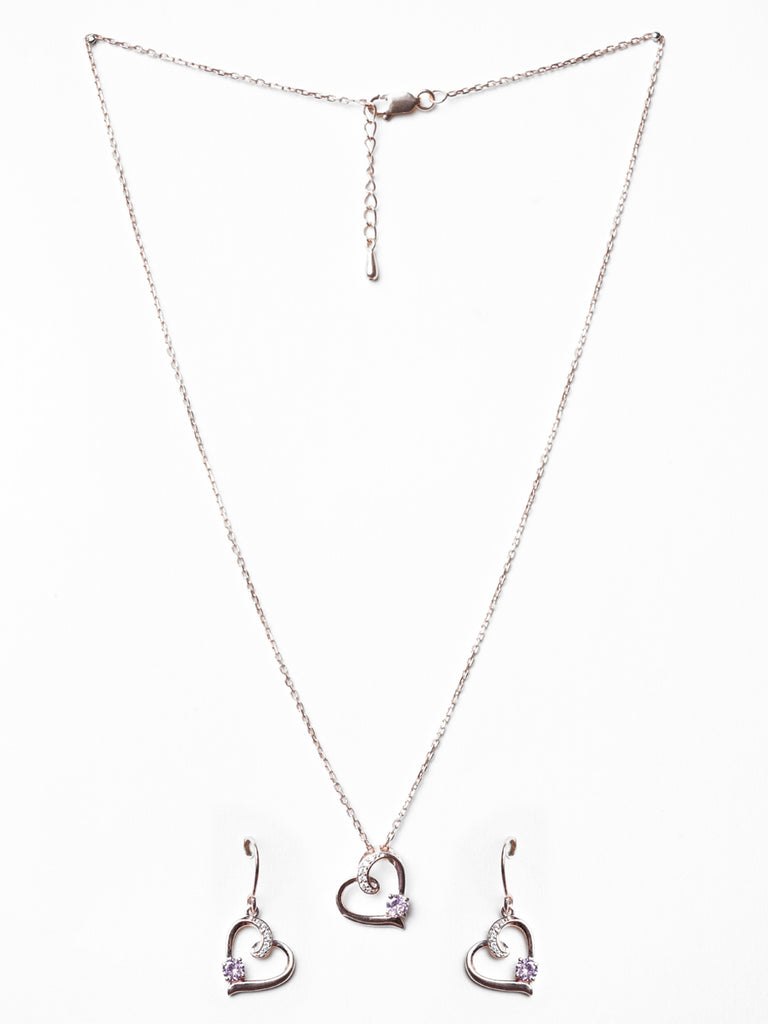 CLARA 925 Sterling Silver Pink Heart Pendant Earring Chain Jewellery Set
