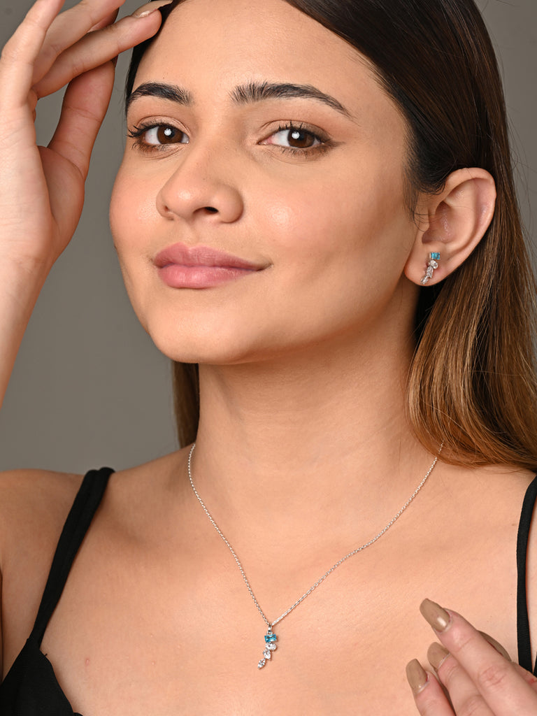CLARA 925 Sterling Silver diamente Pendant Earring Chain Jewellery Set