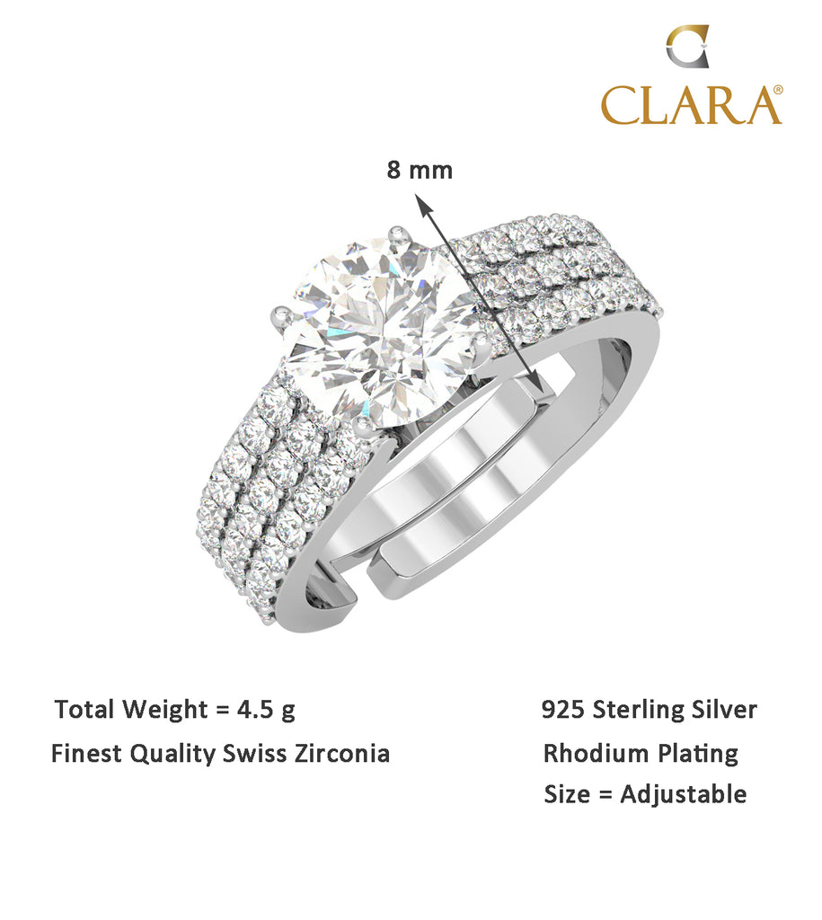 CLARA Pure 925 Sterling Silver Statement Solitaire Finger Ring with Adjustable Band