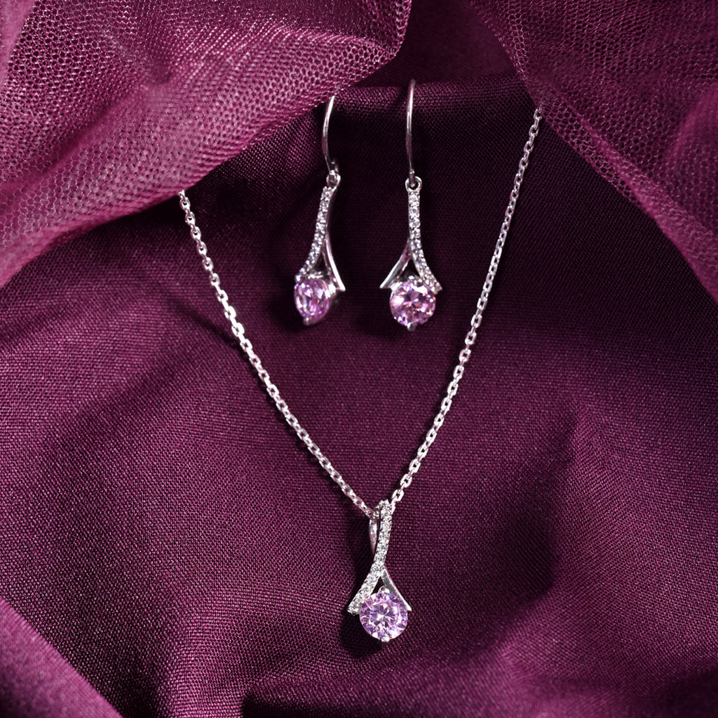 CLARA 925 Sterling Silver Pink Solitaire Pendant Earring Chain Jewellery Set