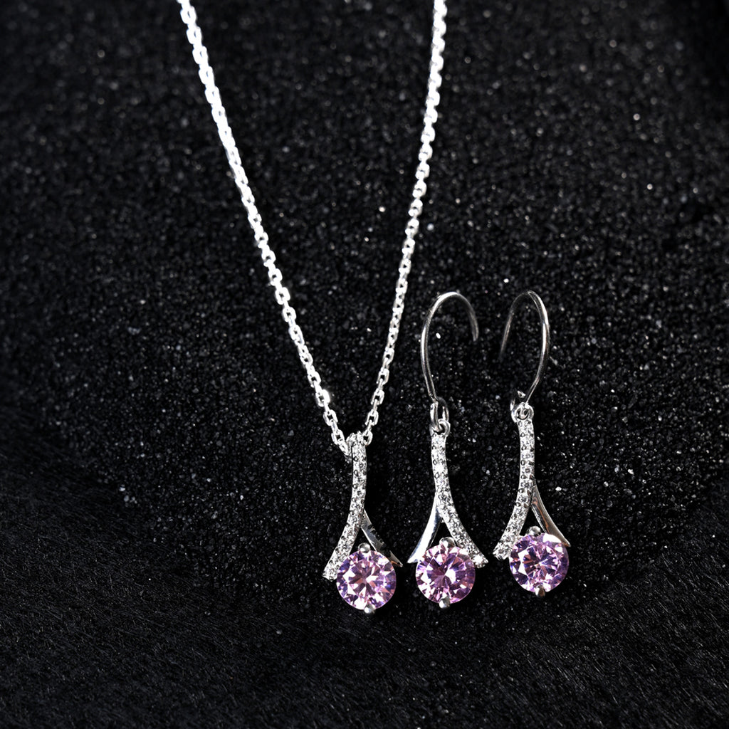 CLARA 925 Sterling Silver Pink Solitaire Pendant Earring Chain Jewellery Set
