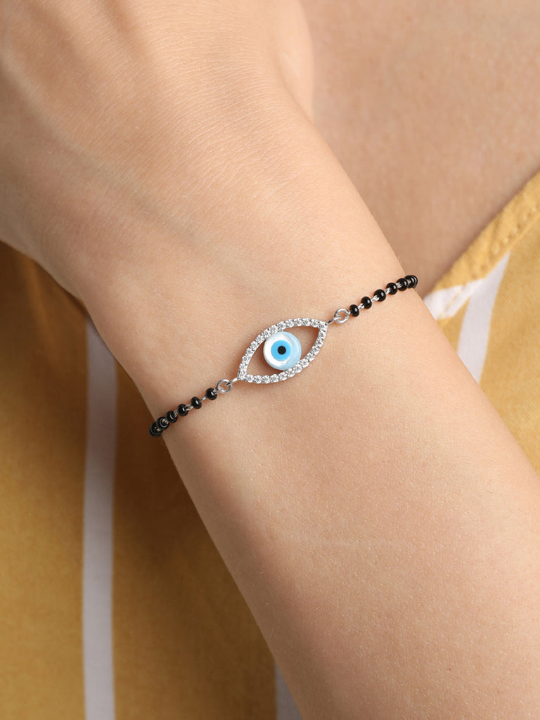 CLARA 925 Sterling Silver Evil Eye Halo Hand Mangalsutra Bracelet
