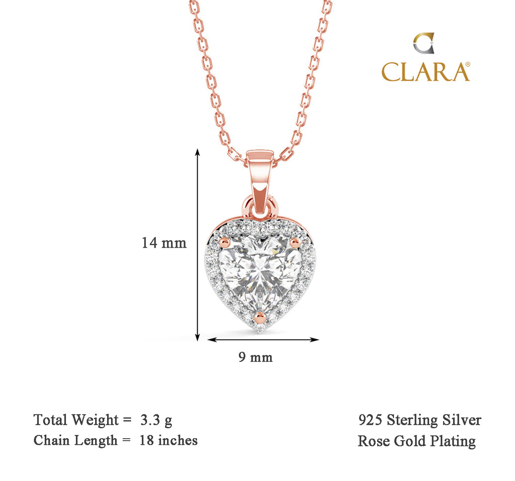 CLARA 925 Sterling Silver Heart Solitaire Pendant Chain Necklace