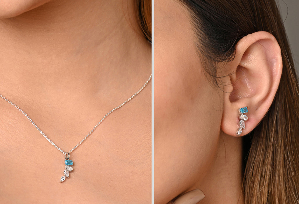 CLARA 925 Sterling Silver diamente Pendant Earring Chain Jewellery Set