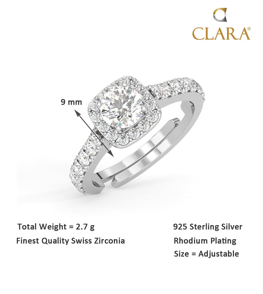 CLARA Pure 925 Sterling Silver Halo Solitaire Finger Ring with Adjustable Band