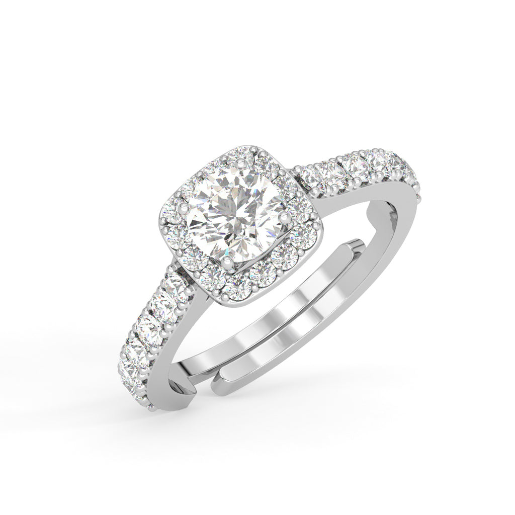 CLARA Pure 925 Sterling Silver Halo Solitaire Finger Ring with Adjustable Band