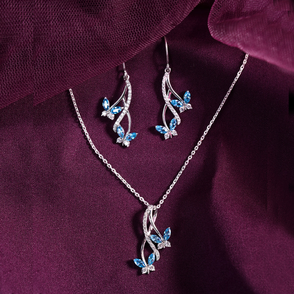 CLARA 925 Sterling Silver Butterfly Pendant Earring Chain Jewellery Set