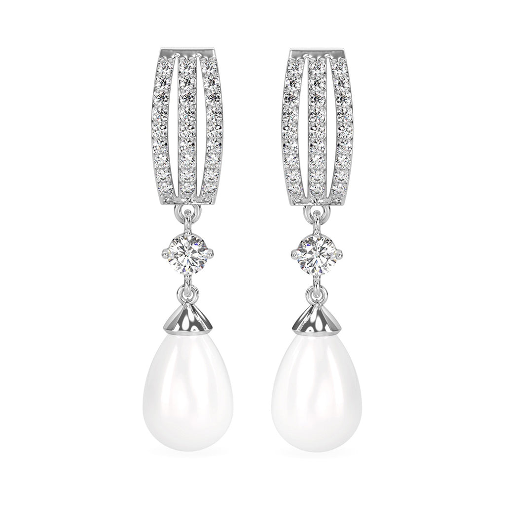 CLARA 925 Sterling Silver Pearl Queen Earrings | Rhodium Plated, Swiss Zirconia, Screw Back | Gift for Women & Girls