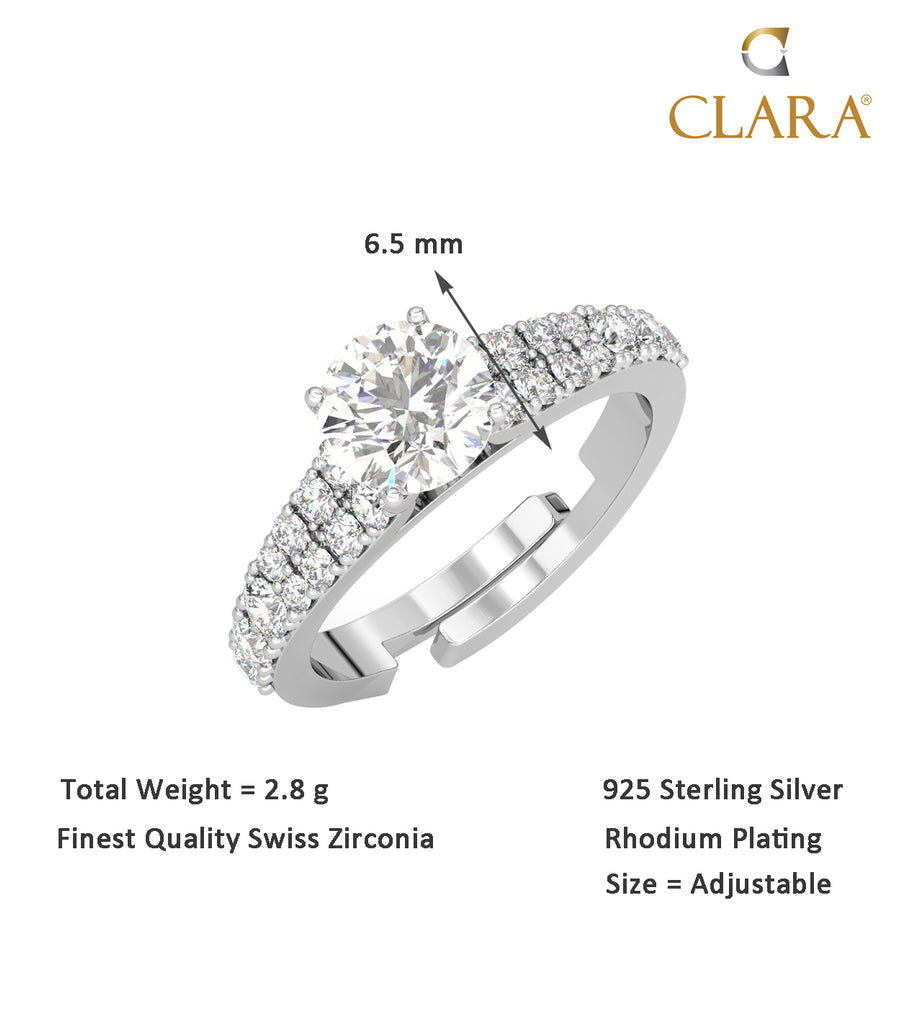 CLARA Pure 925 Sterling Silver V Solitaire Finger Ring with Adjustable Band
