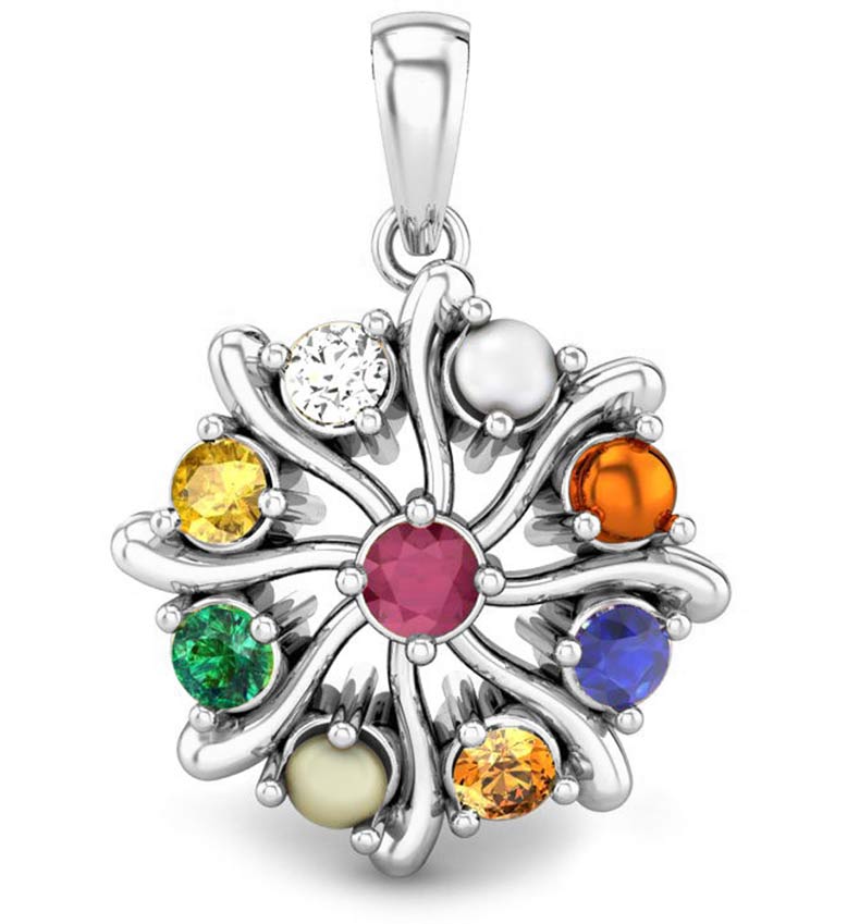 Clara 92.5 Sterling Silver Natural Certified Navratna Stone Nine Planets Pendant Locket for Men and Women