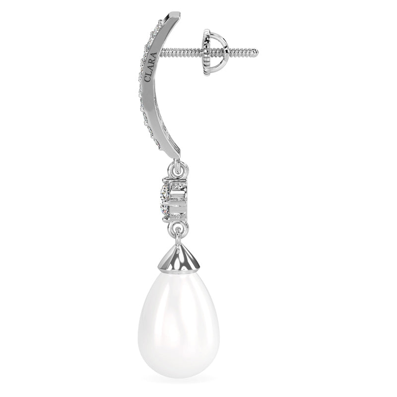 CLARA 925 Sterling Silver Pearl Queen Earrings | Rhodium Plated, Swiss Zirconia, Screw Back | Gift for Women & Girls