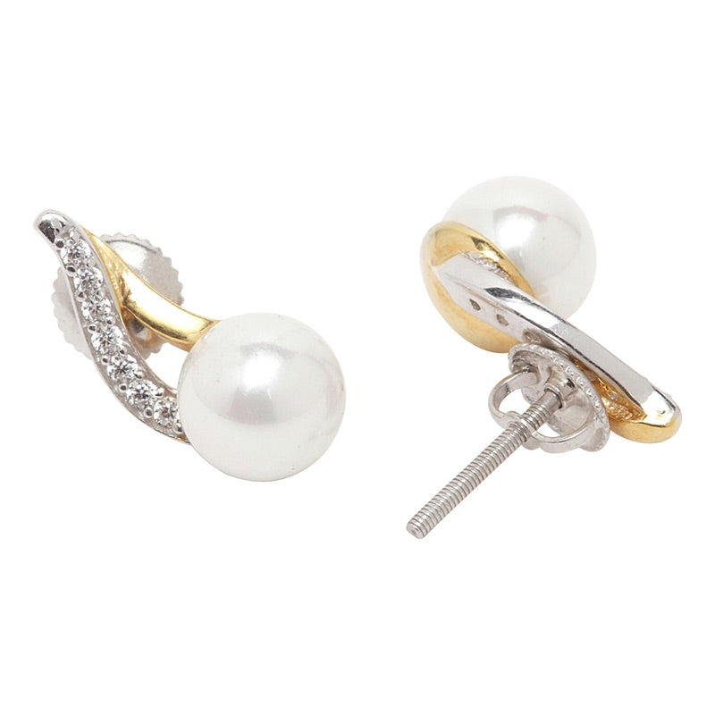 CLARA 925 Sterling Silver Pearl Asuka Stud Earrings | Gold Rhodium Plated, Swiss Zirconia , Screw Back | Gift for Women & Girls