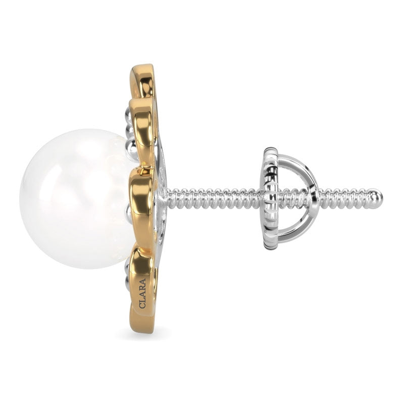 CLARA 925 Sterling Silver Pearl Stud Lotus Earrings | Gold Rhodium Plated , Screw Back | Gift for Women & Girls