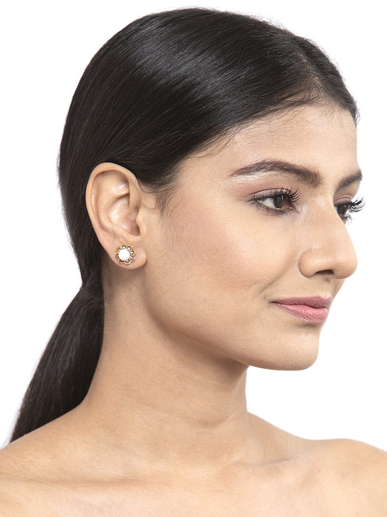 CLARA 925 Sterling Silver Pearl Stud Lotus Earrings | Gold Rhodium Plated , Screw Back | Gift for Women & Girls