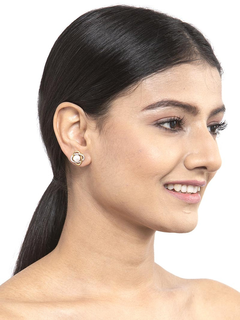 CLARA 925 Sterling Silver Real Pearl Stud knot Earrings | Gold Rhodium Plated, Swiss Zirconia , Screw Back | Gift for Women & Girls