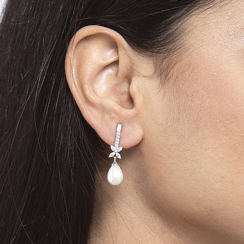 CLARA 925 Sterling Silver Pearl Hina Earrings | Rhodium Plated, Swiss Zirconia , Screw Back | Gift for Women & Girls
